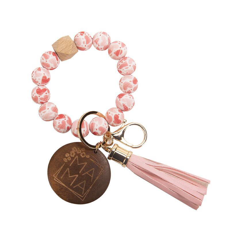 Wholesale Mother's Day Gifts MAMA Wood Chips Pendant Silicone Beads Bracelet Key Chain